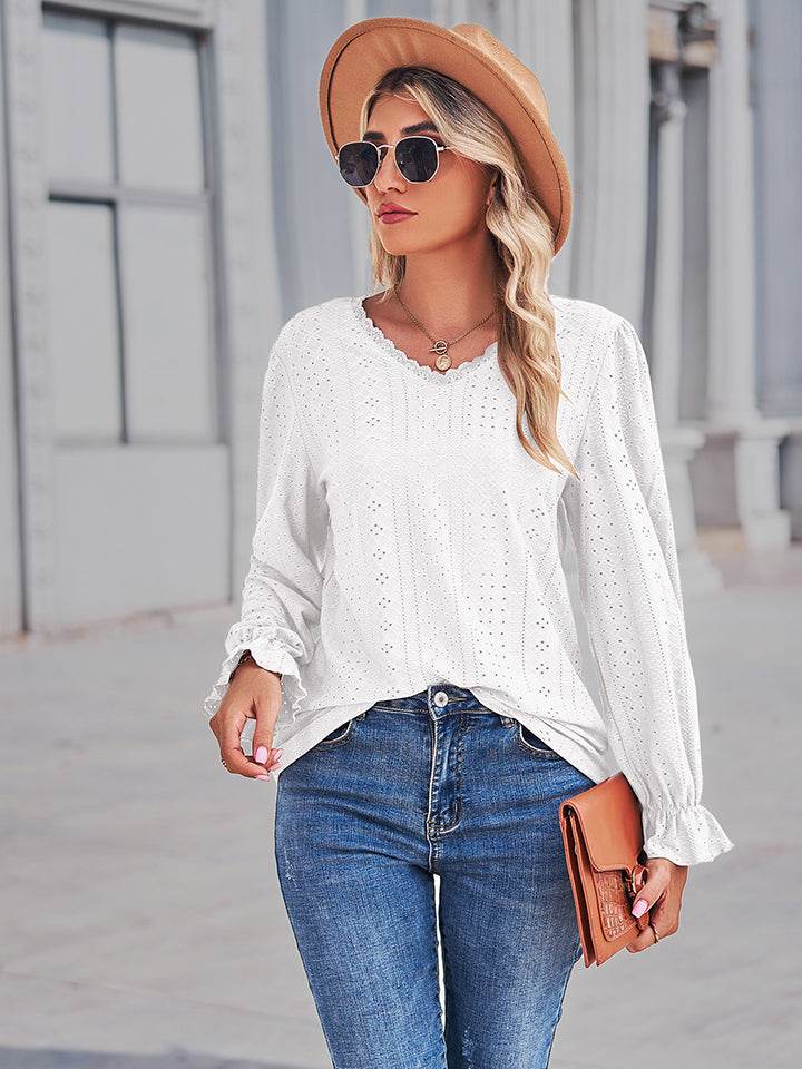 Eyelet V-Neck Flounce Sleeve Blouse White Trendsi 3bb6486b4058429e969c2084d54d2b23-Max