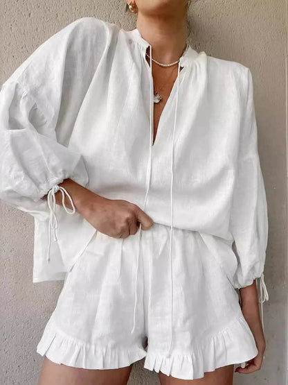 Tie Neck Balloon Sleeve Blouse and Shorts Set Trendsi 3bc2e0a08b6d4c718004128dffeb69e6-Max-Origin