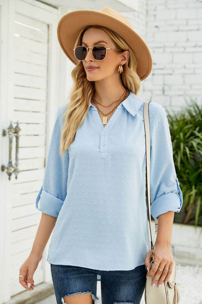 Swiss Dot Johnny Collar Blouse Light Blue Trendsi 3beafc8a325b487c8cc45c98c5282ab9-Max