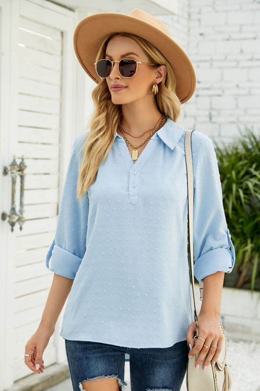 Swiss Dot Johnny Collar Blouse Light Blue Trendsi 3beafc8a325b487c8cc45c98c5282ab9-Max