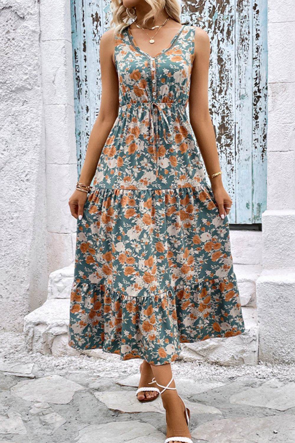 Perfee Floral V-Neck Tiered Sleeveless Dress Trendsi 3bed829d517e4c2cb5318e57effc66d0-Max