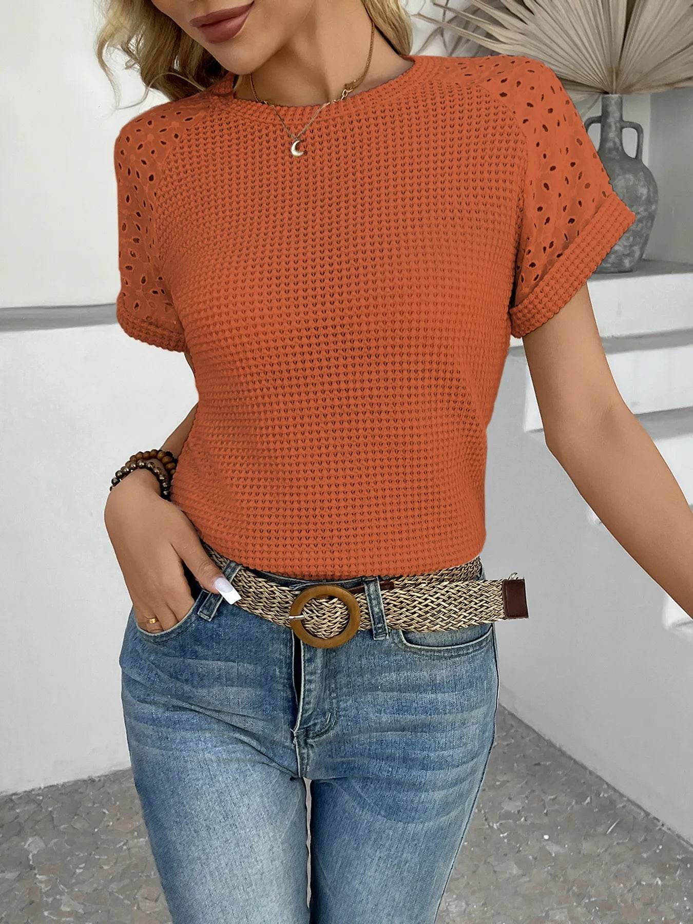 Hollow Out Waffle Knit Short Sleeve T-Shirt Orange Trendsi 3c01a68bc6414db79a388dccc4eab298-Max-Origin
