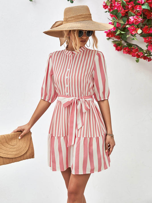 Striped Half Sleeve Tie Waist Mini Dress Blush Pink Trendsi 3c1c8cc5be55431483976380b57c6620-Max