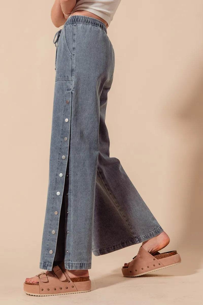 SO ME Mid Rise Drawstring Jeans with Side Snap Button Trendsi 3c20a1efa0624dabba10c0c086f92933-Max-Origin