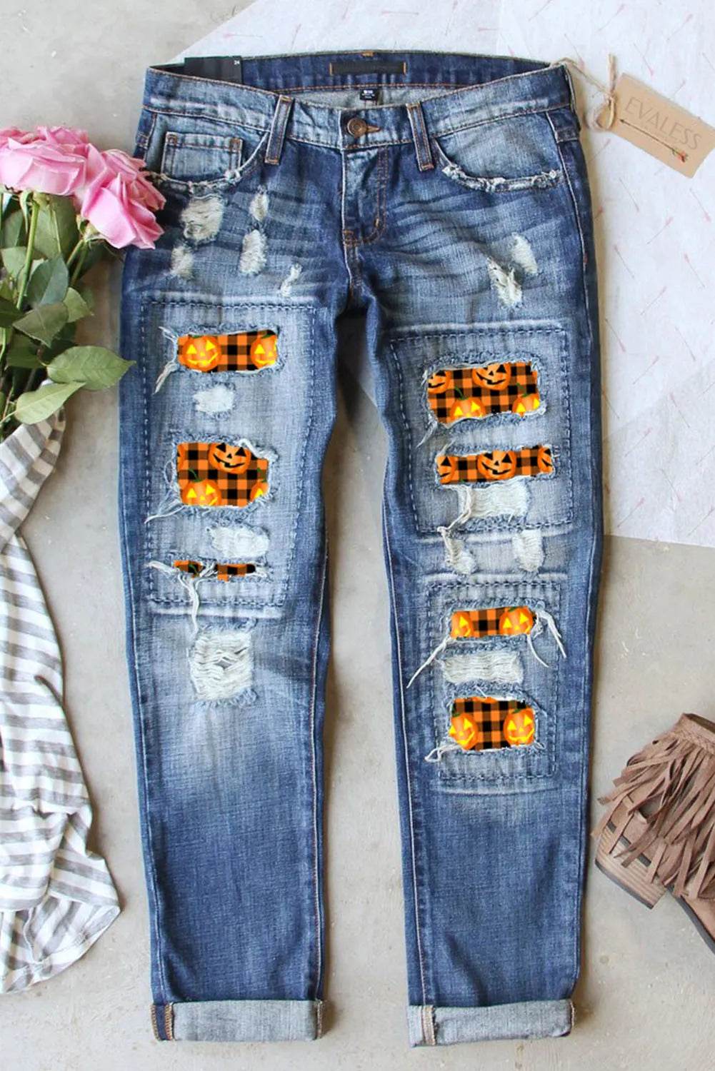 Distressed Pumpkin Pattern Jeans with Pockets Medium Trendsi 3c35b322-42d4-4af5-9000-e309793a3091-Max