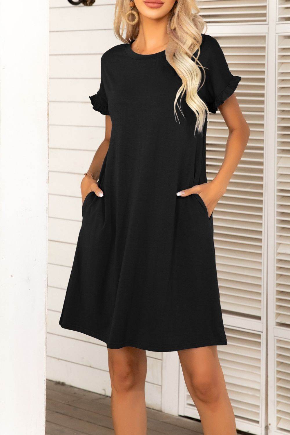 Flounce Sleeve Round Neck Dress with Pockets Trendsi 3c4dd190602a4aeba1f52d529107eb2a-Max
