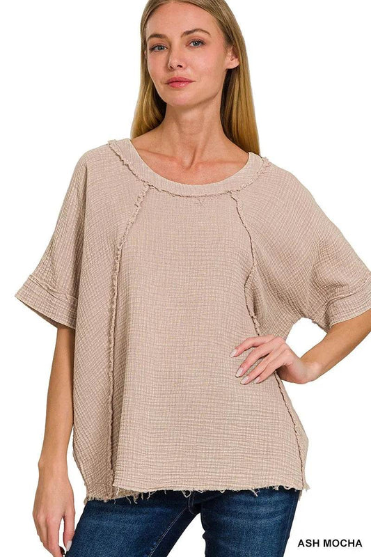 Zenana Washed Double Gauze Exposed Seam Short Sleeve Top ASH MOCHA Trendsi 3c4ebf0070384e4abc5ac9b40cf9ecb0-Max-Origin