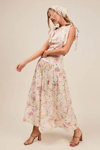SO ME Floral Printed Woven Shoulder Bow Tie Top and Skirt Set Trendsi 3c667b44d92047adb69b9a021bd61288-Max-Origin