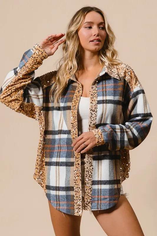 BiBi Curved Hem Sequin Plaid Button Up Shacket Latte Multi Trendsi 3c84093e-724d-41ef-afee-0584b9565f0f-Max