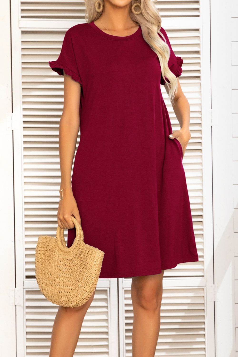 Flounce Sleeve Round Neck Dress with Pockets Wine Trendsi 3c8ac7dc39ea46ac87f168f63c9de713-Max