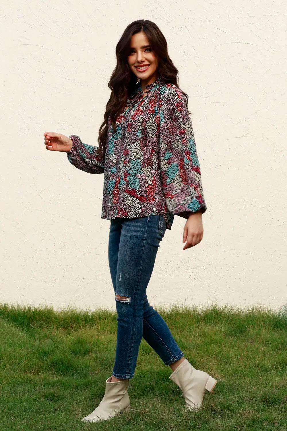Tie Neck Heathered Balloon Sleeve Blouse Trendsi 3c8e282b0296468aae2f13173464d7bd-Max