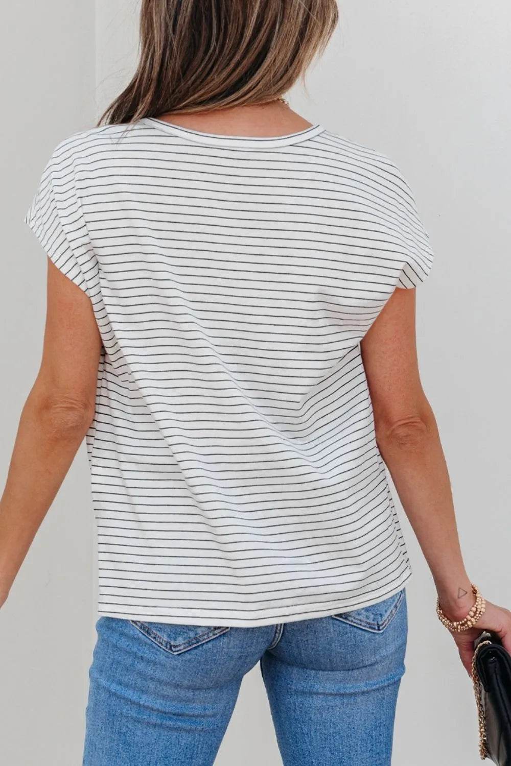 Stripe Cap Sleeve Crew Neck Casual Tee with Chest Pocket Trendsi 3caf5cae-8425-4a27-9f57-c88a3d6fa005-Max-Origin