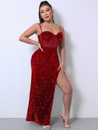Sequin Spliced Mesh Adjustable Strap Dress Red Trendsi 3cea73be49ed44e9a65061ba5b18cee4-Max