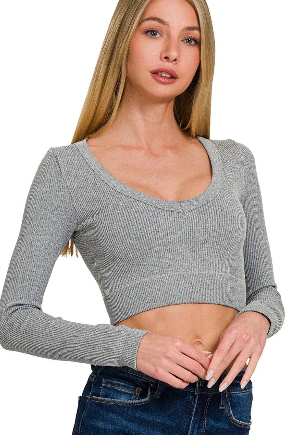 Zenana Seamless Fitted Rib V-neck Long Sleeve Crop Top Trendsi 3cf269b6-b09a-4607-ae8c-eea4983c2317-Max-Origin