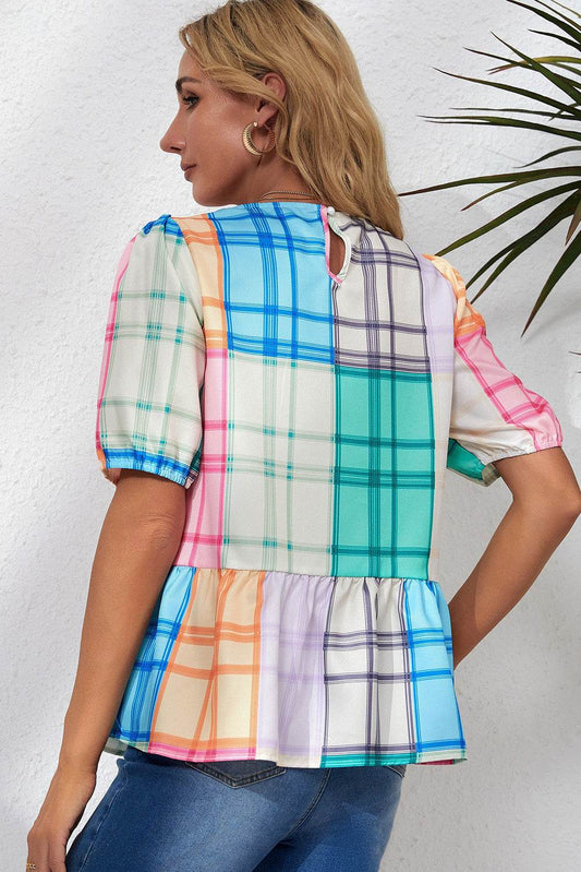 Round Neck Puff Sleeve Plaid Blouse Trendsi 3cfc9685ca4b493e9054d16f687b9cd8-Max
