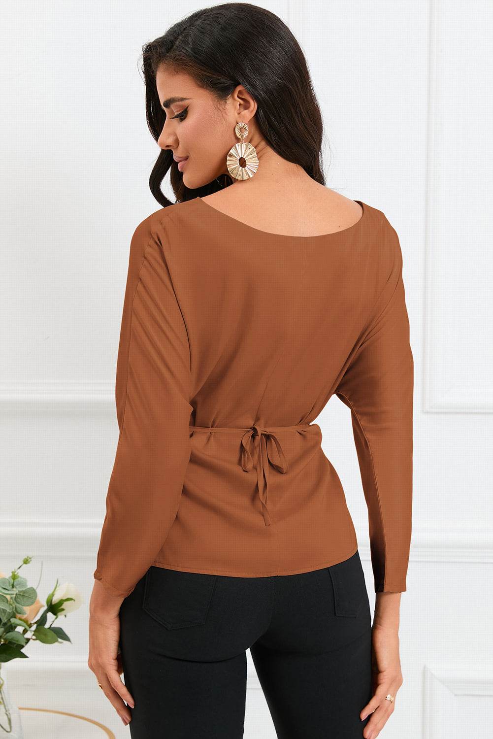 Boat Neck Back Tie Long Sleeve Satin Blouse Trendsi 3d020a83751442ee8c410a38dc3968b9-Max