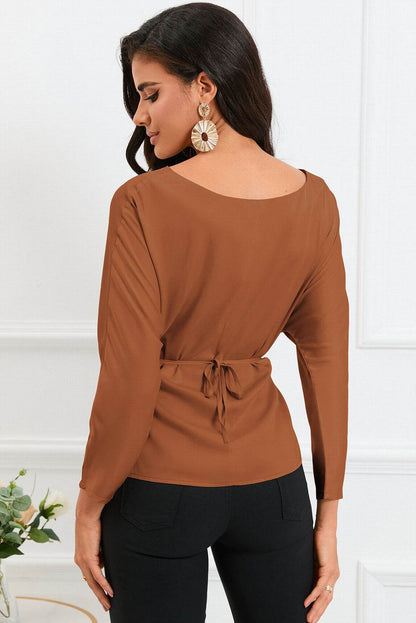 Boat Neck Back Tie Long Sleeve Satin Blouse Trendsi 3d020a83751442ee8c410a38dc3968b9-Max