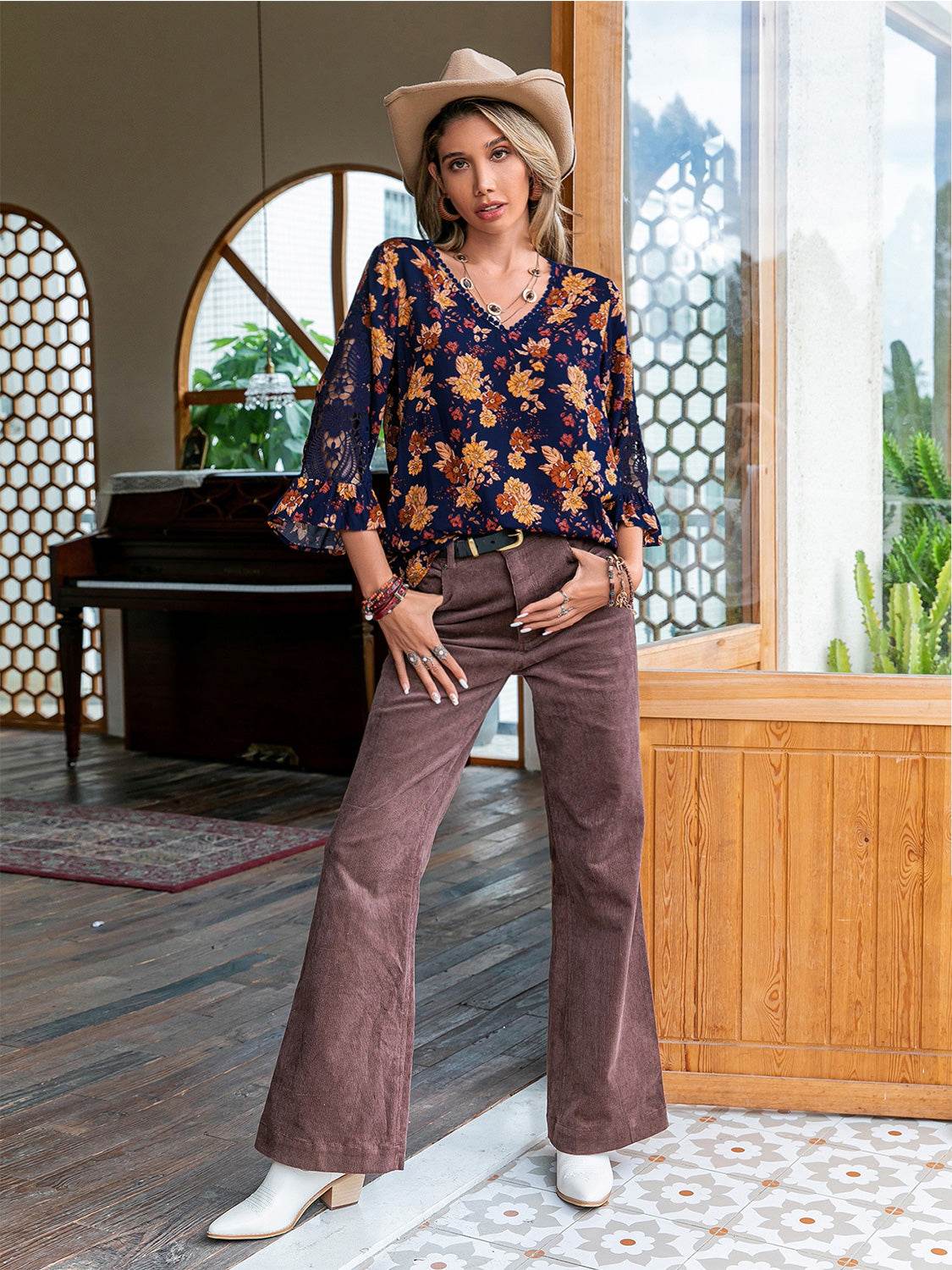 Floral V-Neck Crochet Blouse Trendsi 3d34cef2db184dccb252fe5f3dc50192-Max