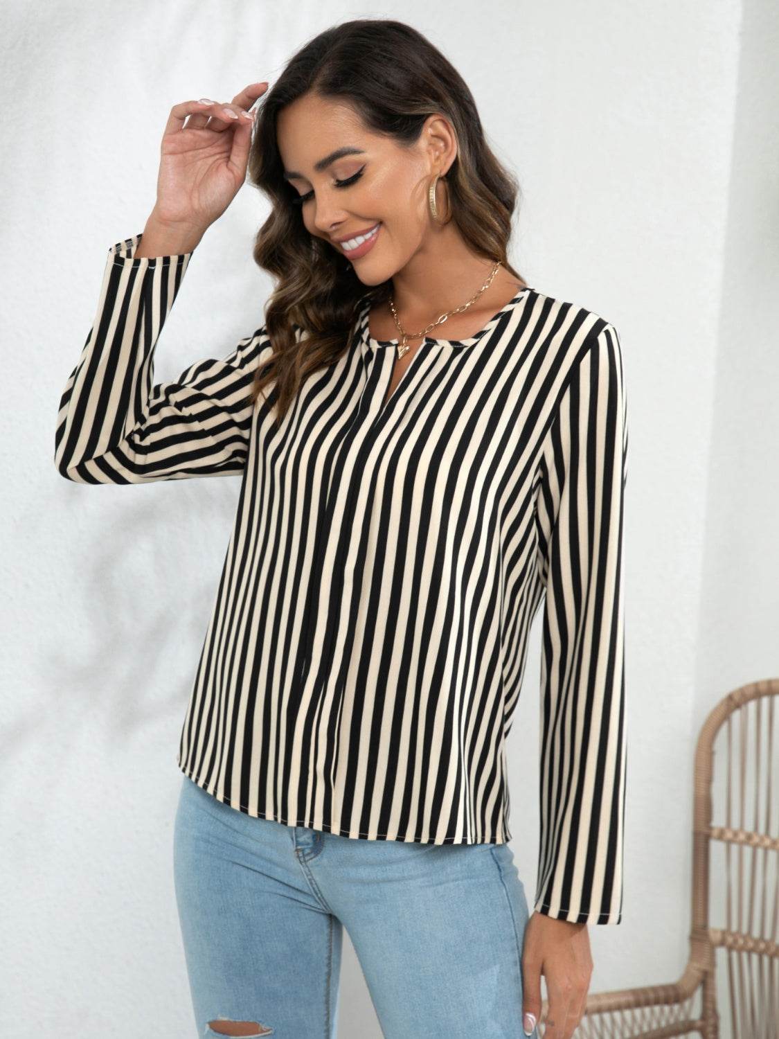 Striped Long Sleeve Notched Blouse Tan Trendsi 3d3f3c4cd1a84c3b8d14683c4cd7f129-Max