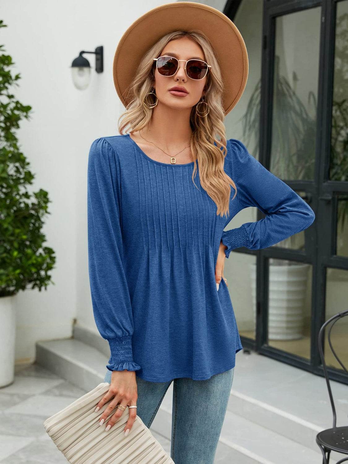 Smocked Round Neck Lantern Sleeve Blouse Peacock Blue Trendsi 3d6a7ef5f6494c9fa2fd67477f682f71-Max