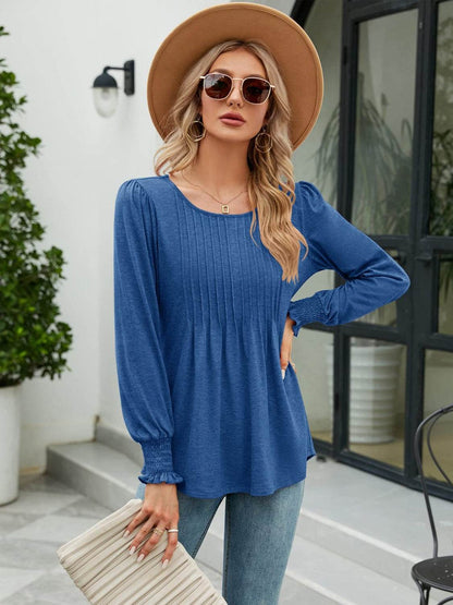 Smocked Round Neck Lantern Sleeve Blouse Peacock Blue Trendsi 3d6a7ef5f6494c9fa2fd67477f682f71-Max