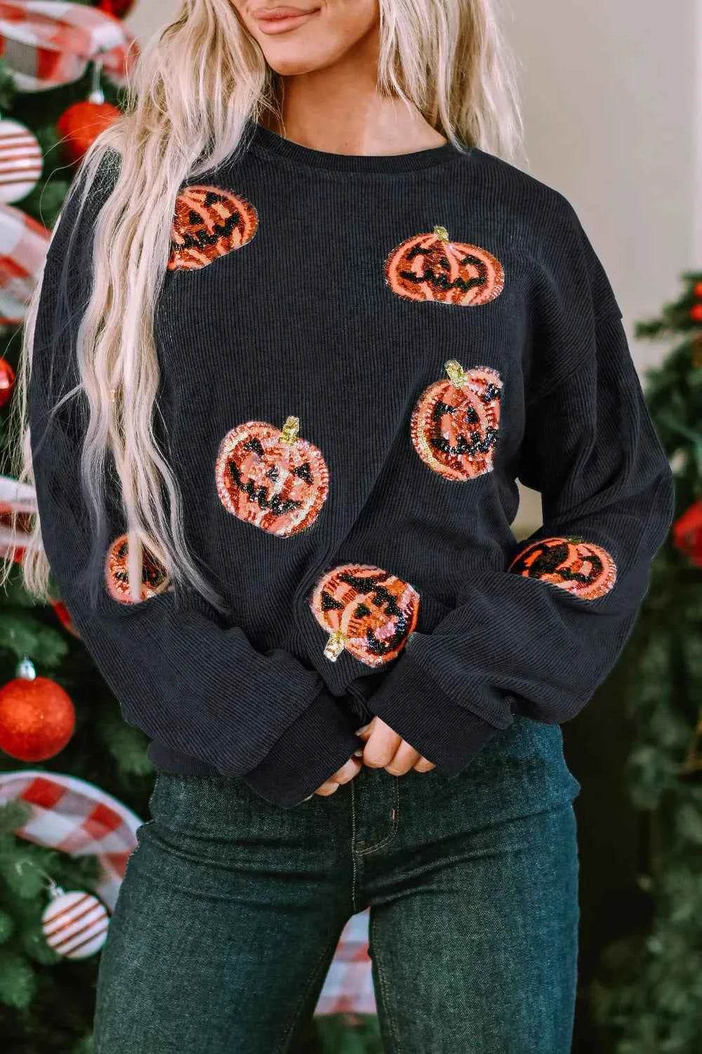 Sequin Patch Pumpkin Round Neck Sweatshirt Black Trendsi 3d7fe032-f4c7-4e11-877f-5e316bd9c90d-Max