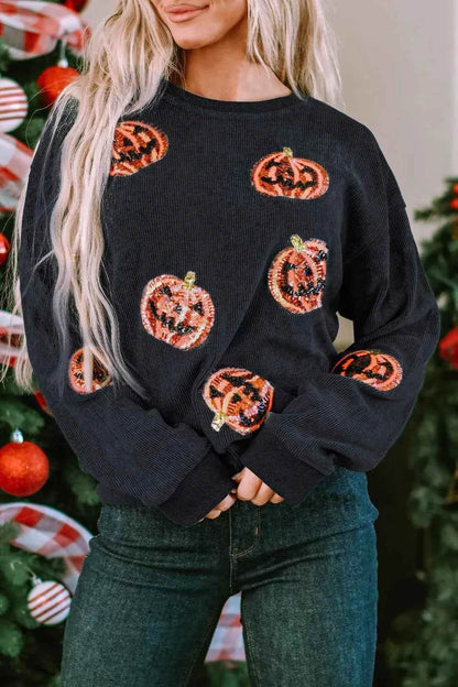 Sequin Patch Pumpkin Round Neck Sweatshirt Black Trendsi 3d7fe032-f4c7-4e11-877f-5e316bd9c90d-Max