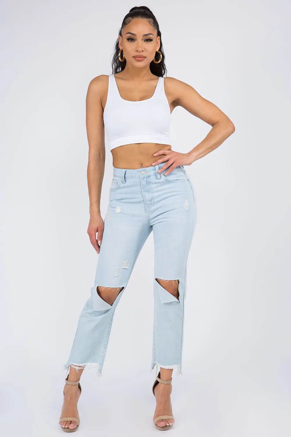 American Bazi High Waist Distressed Raw Hem Jeans Trendsi 3d8670b3-b595-4198-a0a9-235e65fedfb2-Max