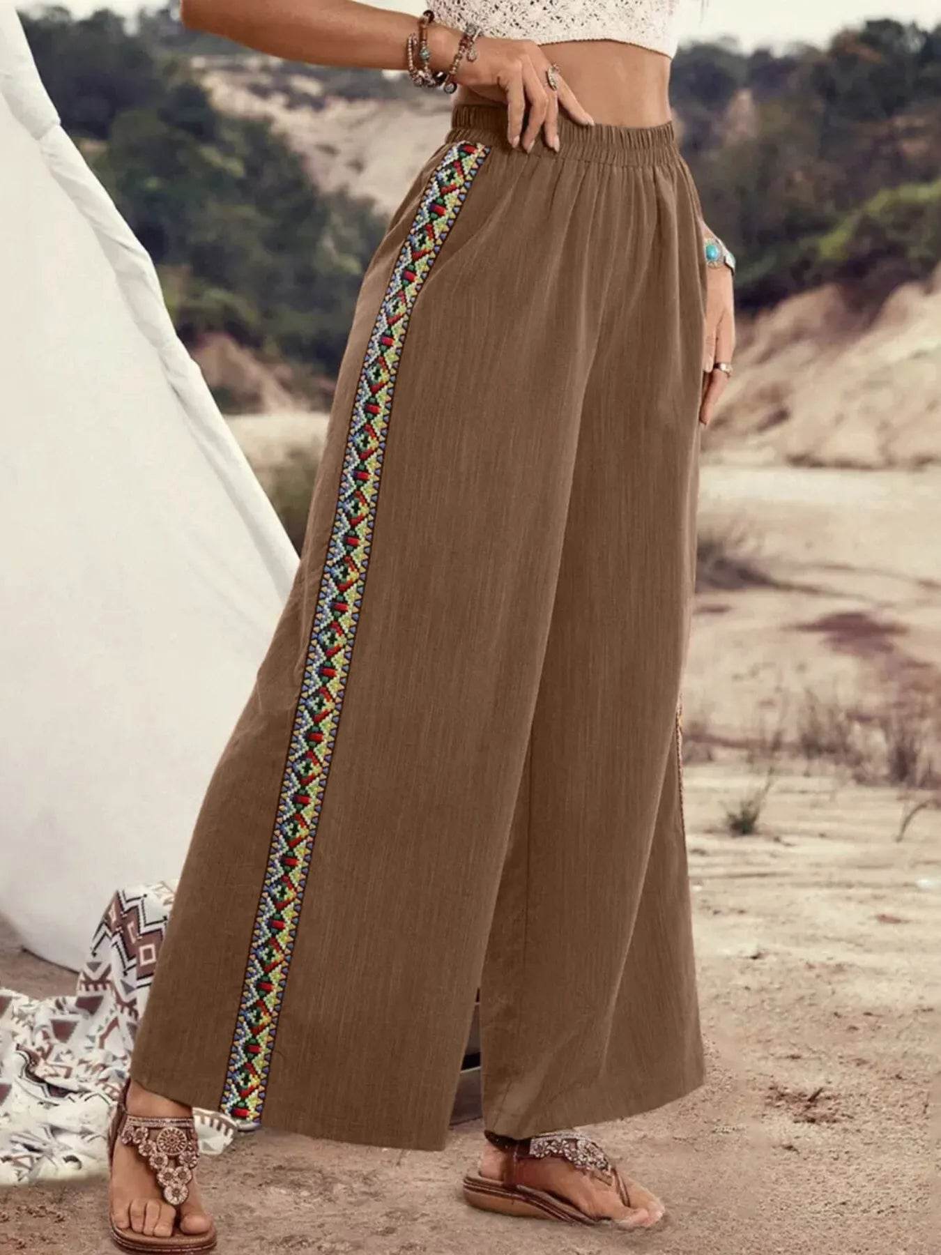 Bohemian Wide Leg Embroidered Side Stripe Pants Brown Trendsi 3d8731fa6dfd4d39a2f71b59814781b1-Max-Origin