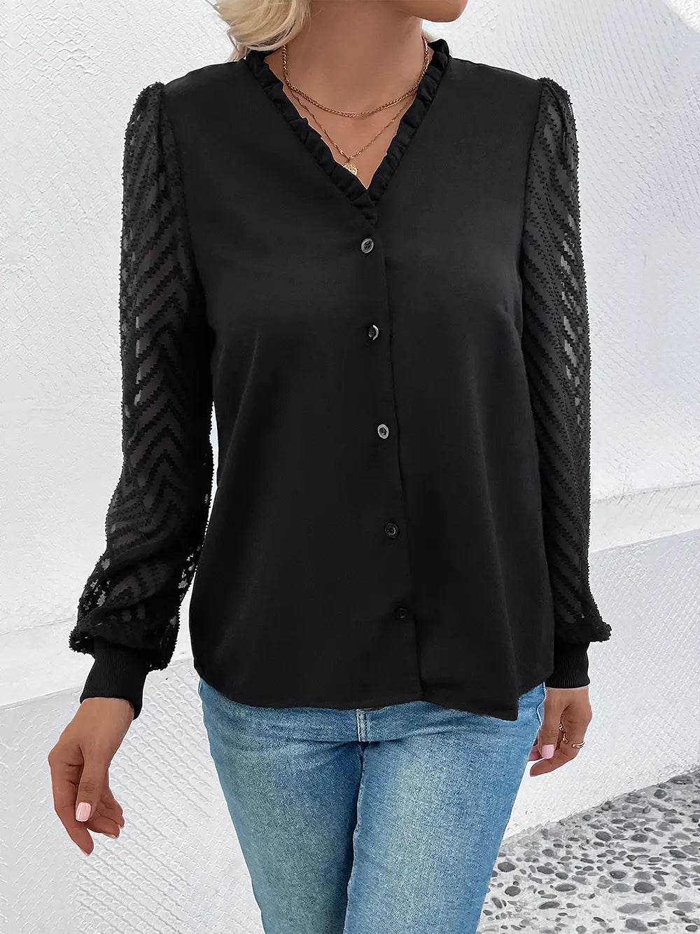 Perfee Mesh V-Neck Button Front Blouse Trendsi 3daedff208cf424ea7fb4fa8f20b796e-Max