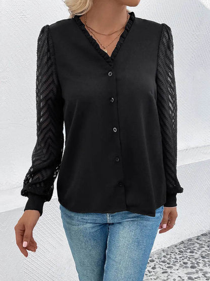 Perfee Mesh V-Neck Button Front Blouse Trendsi 3daedff208cf424ea7fb4fa8f20b796e-Max