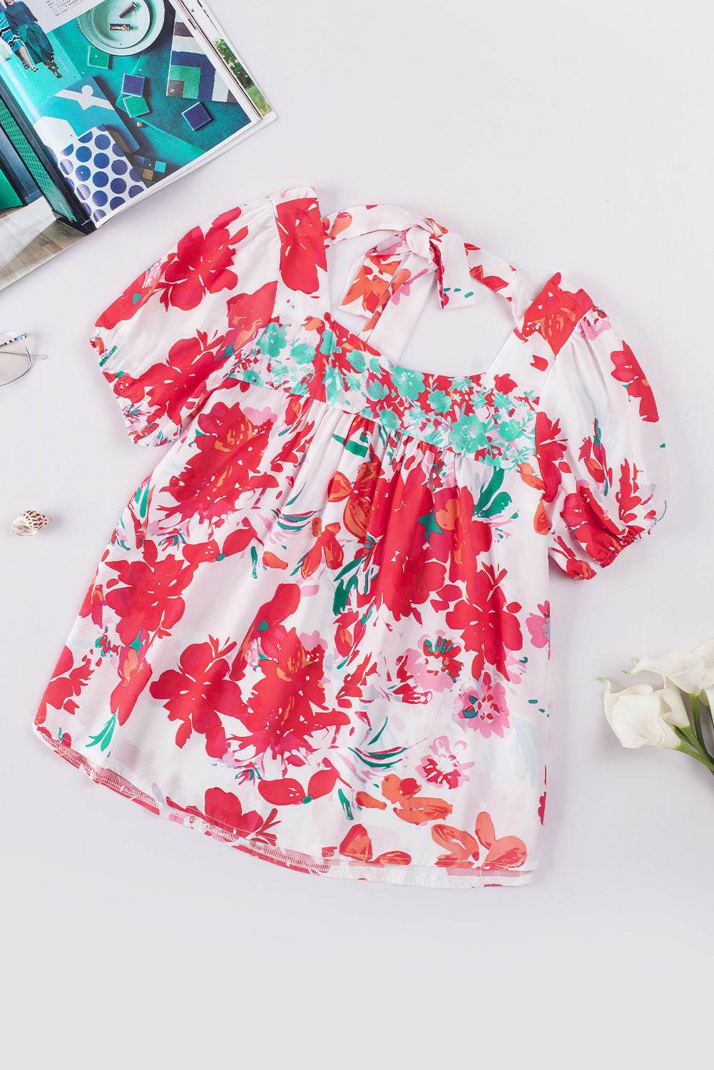 Floral Tie Back Square Neck Blouse Trendsi 3dbdfbcb36c445fd9c88e96ec45a3219-Max