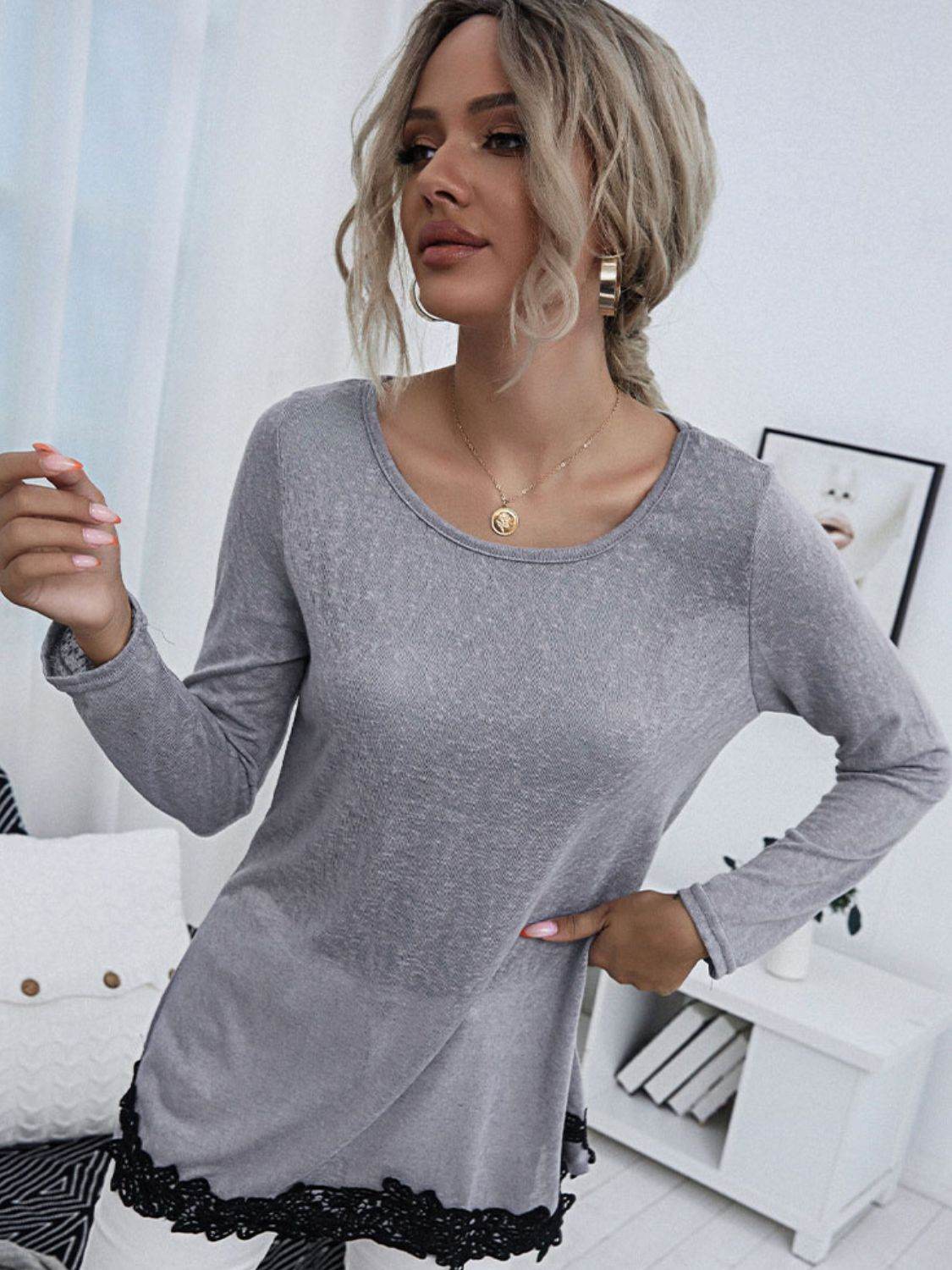 Shiny Spliced Lace Contrast Round Neck Top Trendsi 3dc8165fef2b4146ad8c535aacd88149-Max