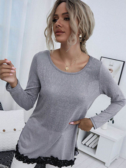 Shiny Spliced Lace Contrast Round Neck Top Trendsi 3dc8165fef2b4146ad8c535aacd88149-Max