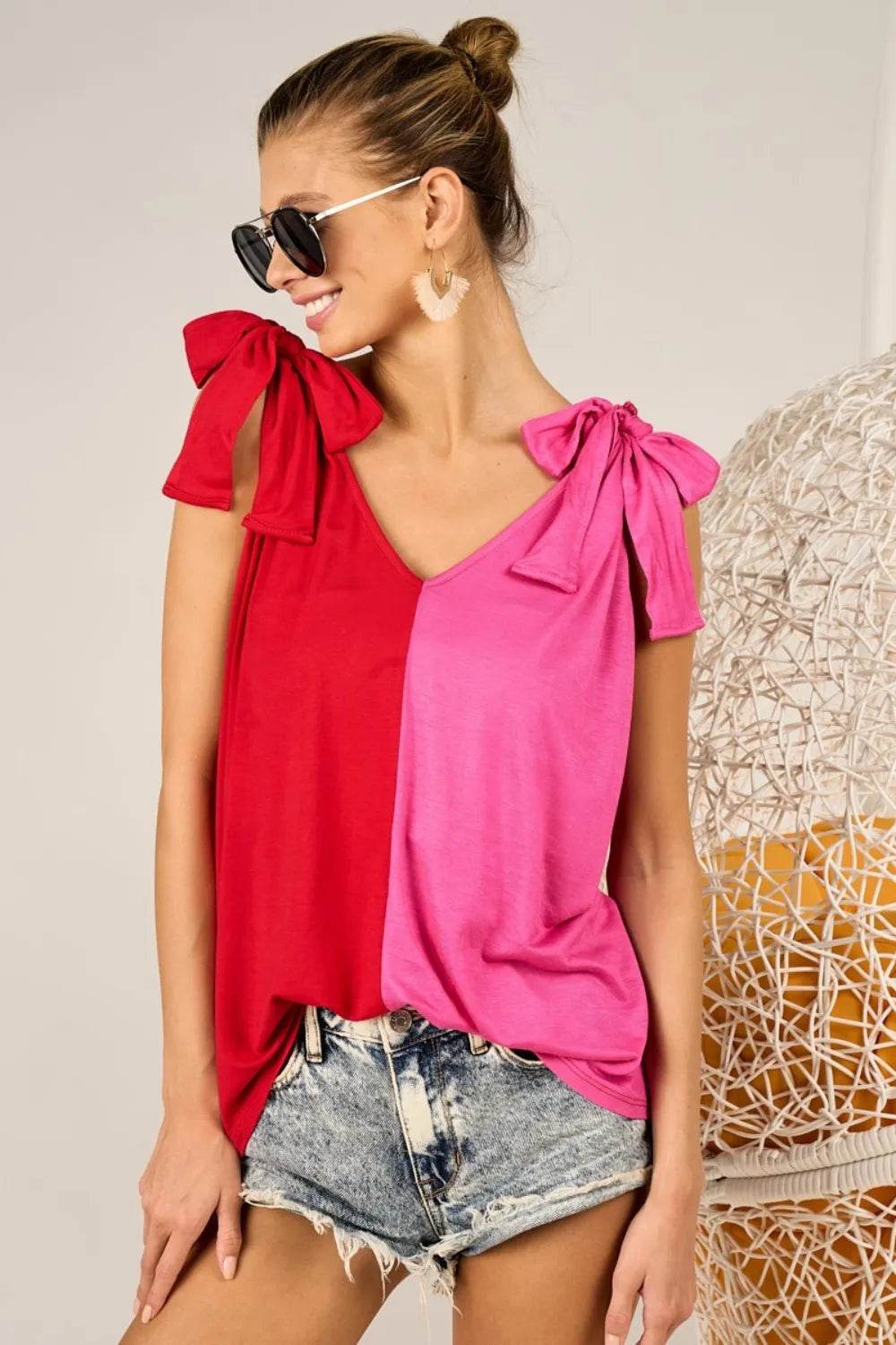 BiBi Shoulder Ribbon Tied Contrast Tank Trendsi 3debe805-d686-4c13-bf59-95b0d9f4d742-Max