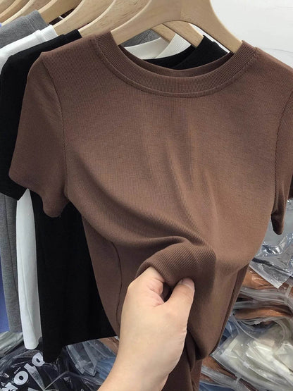 Crew Neck Short Sleeve T-Shirt Brown Trendsi 3dec7d880d804295932e06d1cc8bc210-Max-Origin