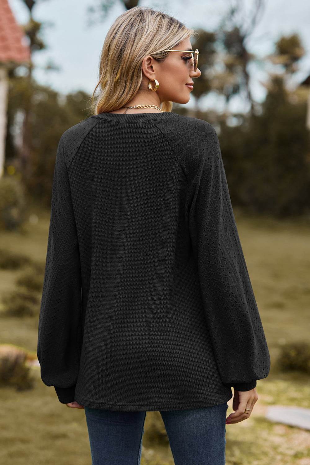Notched Neck Raglan Sleeve Blouse Trendsi 3e3350426e704be5b5a6828f9bb1ae84-Max