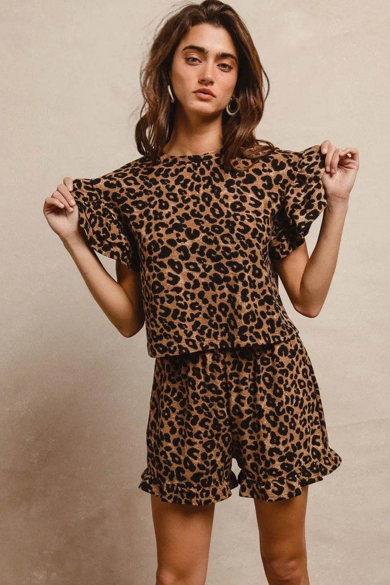 BiBi Leopard Print Waffle Texture Layered Ruffle Sleeve Top and Shorts Set Trendsi 3e431ef150804fdda25b84b43ff37ec7-Max-Origin