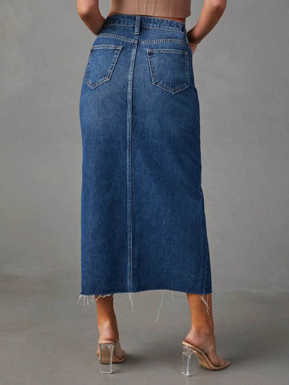 Slit Raw Hem Midi Denim Skirt Trendsi 3e762ad8-2bd9-4439-9165-d4c119f776ed-Max