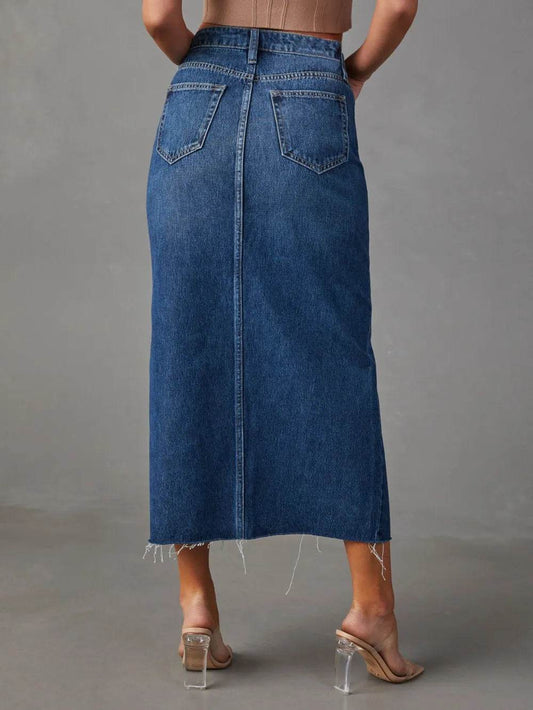 Slit Raw Hem Midi Denim Skirt Trendsi 3e762ad8-2bd9-4439-9165-d4c119f776ed-Max