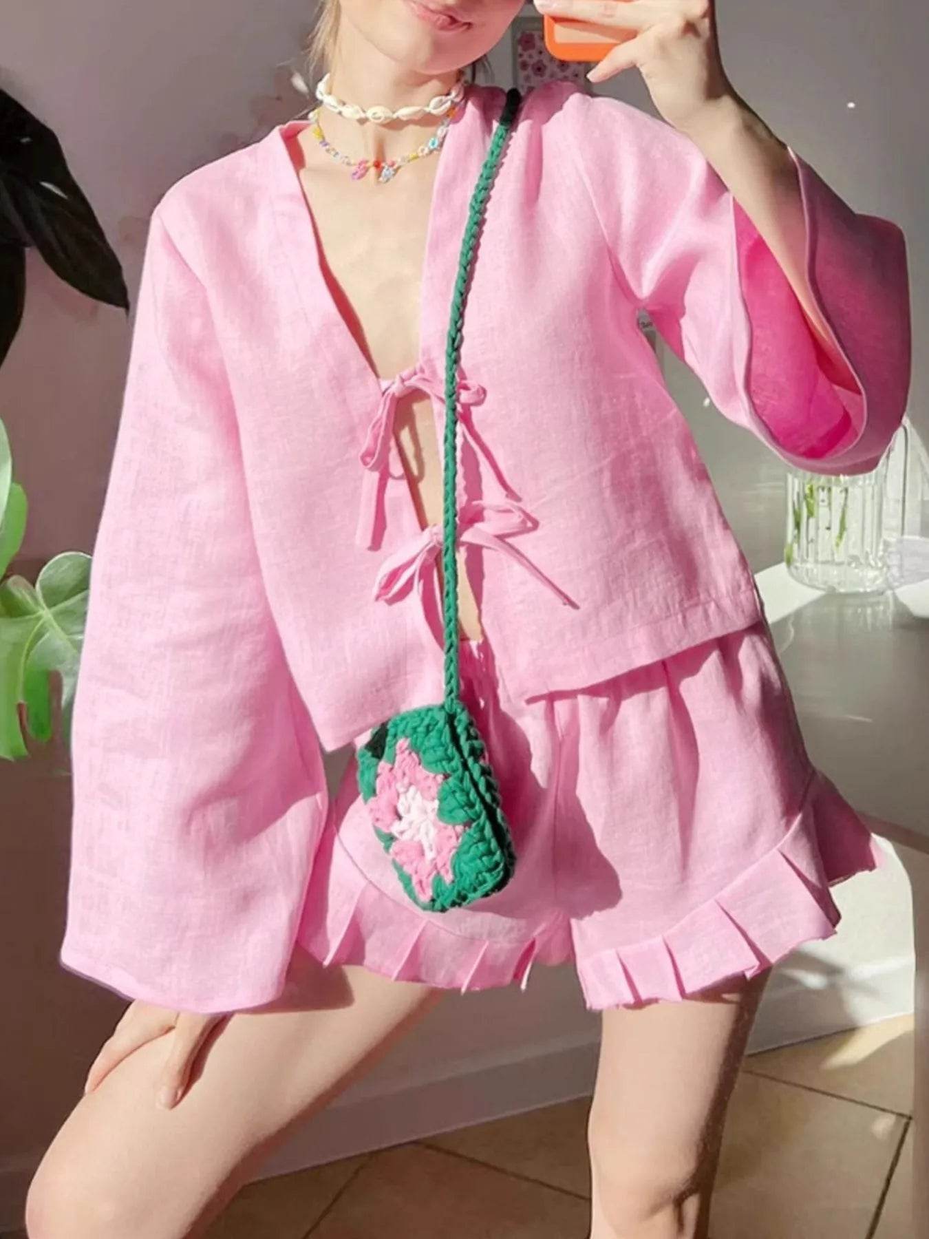 Tie Front Long Sleeve Top and Shorts Set Blush Pink Trendsi 3e871382-7966-450e-a347-24dc5143e06f-Max-Origin