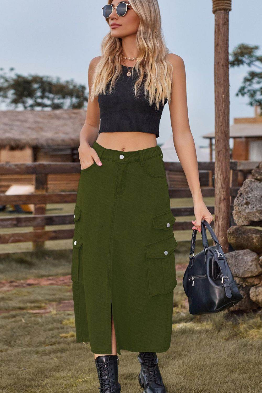 Slit Front Midi Denim Skirt with Pockets Trendsi 3ea4448647174abb8d671ba4c15c85a6-Max