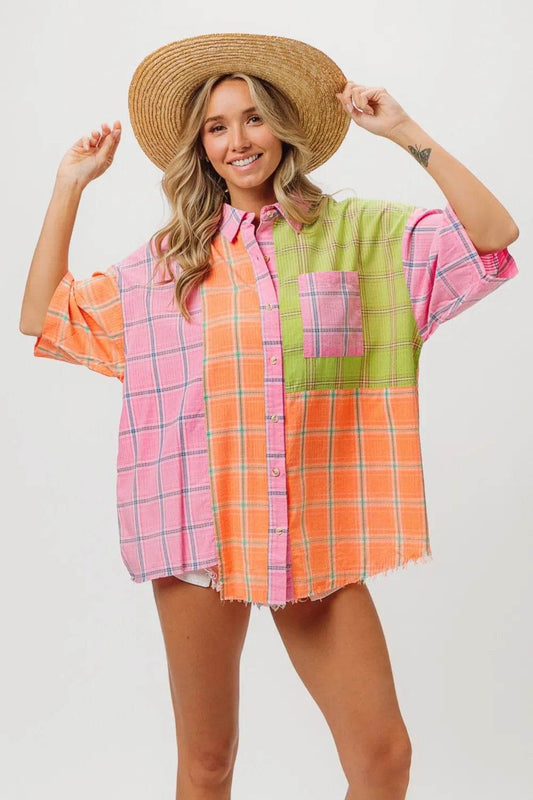 BiBi Plaid Collared Neck Half Sleeve Shirt Pink Peach Lime Trendsi 3eac71de-2e76-4235-8230-84efb19208d9-Max
