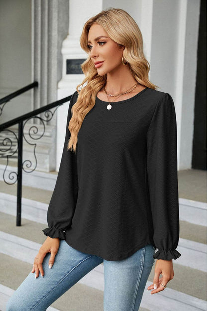 Round Neck Flounce Sleeve Blouse Trendsi 3ead1296ecf648e98c17bfd7d566c4ba-Max