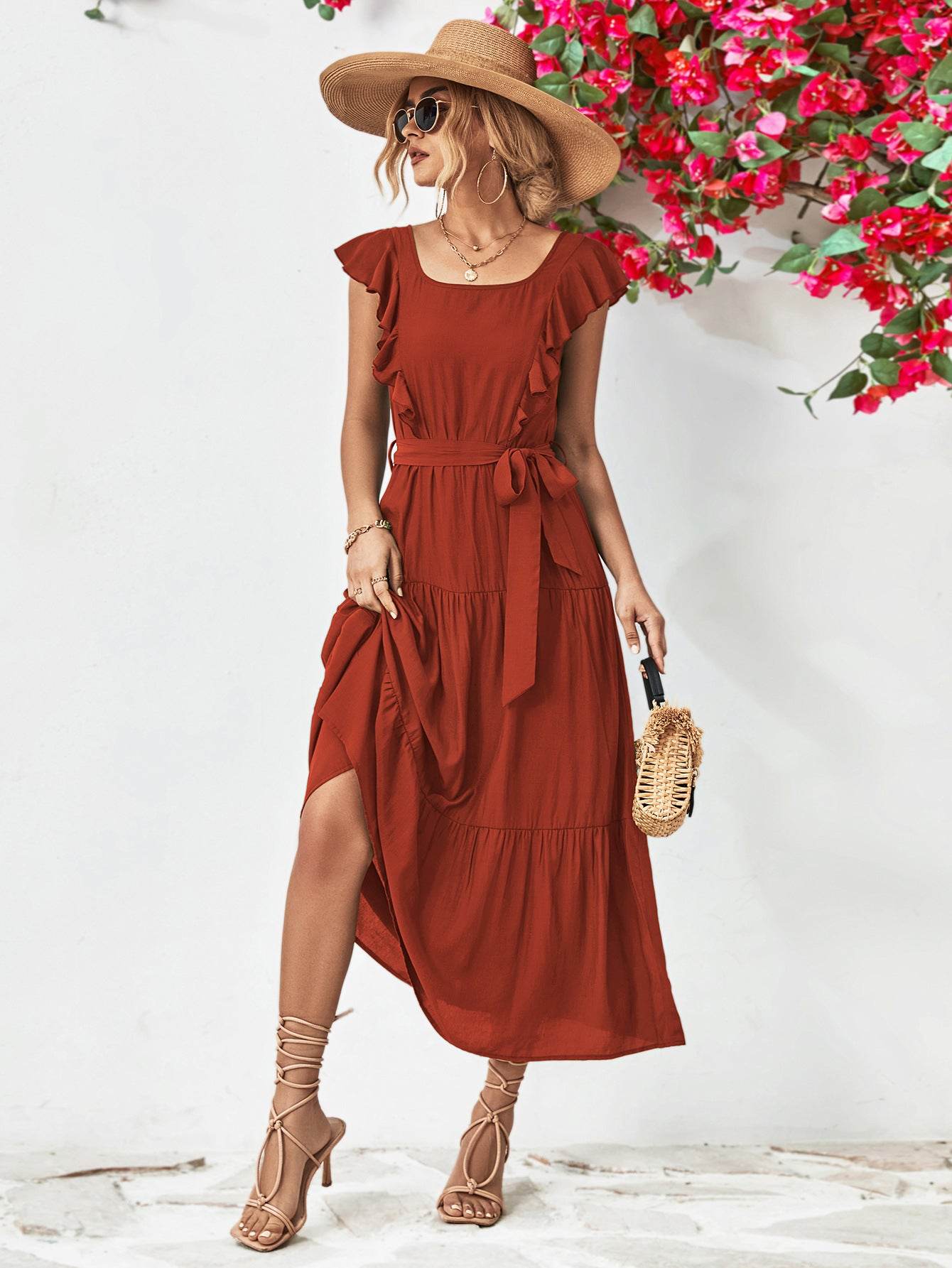Tie Belt Ruffled Tiered Dress Brick Red Trendsi 3ee73c1ba0534f6cb227adef6a334c2d-Max