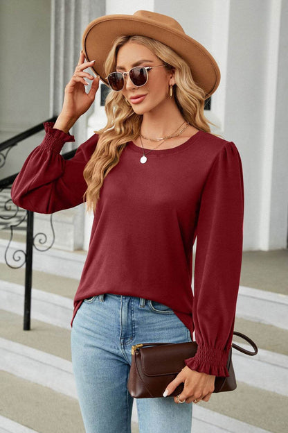 Round Neck Smocked Flounce Sleeve Blouse Burgundy Trendsi 3f164f523e0c4bb0837bad329f8df52c-Max