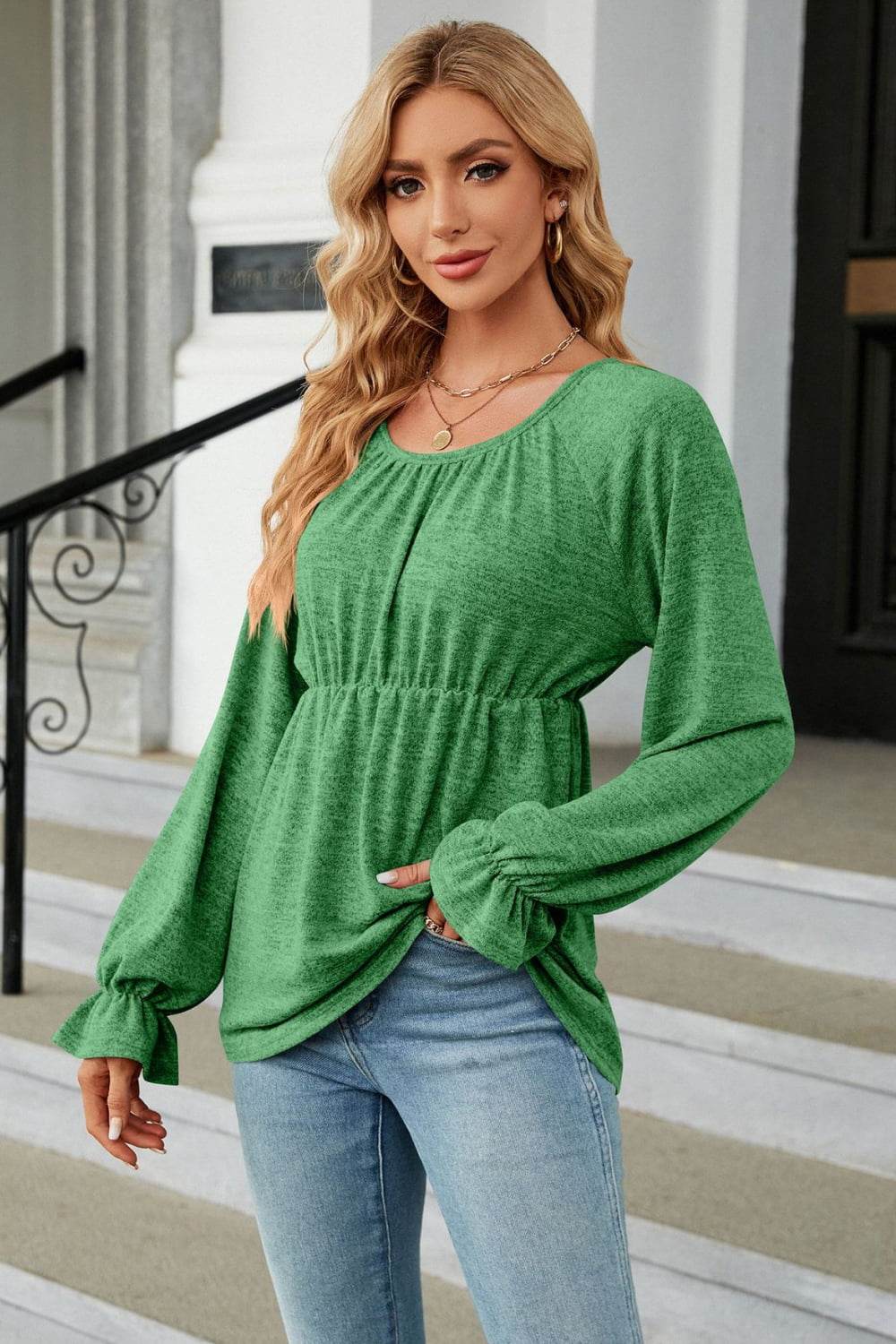 Round Neck Flounce Sleeve Blouse Trendsi 3f4c6b750aa944cbbfa7fc2e91b08d54-Max