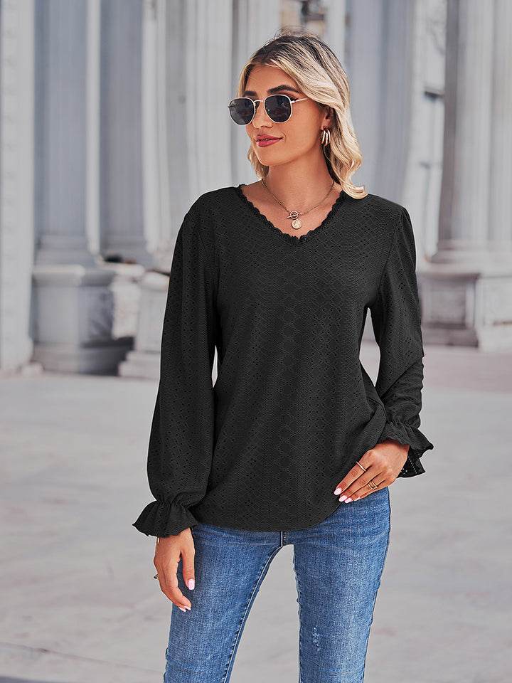 Eyelet V-Neck Flounce Sleeve Blouse Black Trendsi 3f6c1db2a84041c7bdcc19b7b1303278-Max