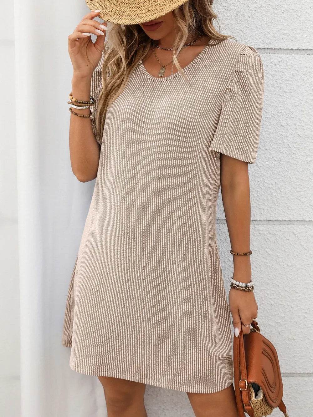Textured Round Neck Short Sleeve Mini Dress Dust Storm Trendsi 3f9873b3-b4f1-4e1f-879e-b7ee0ea65bc6-Max