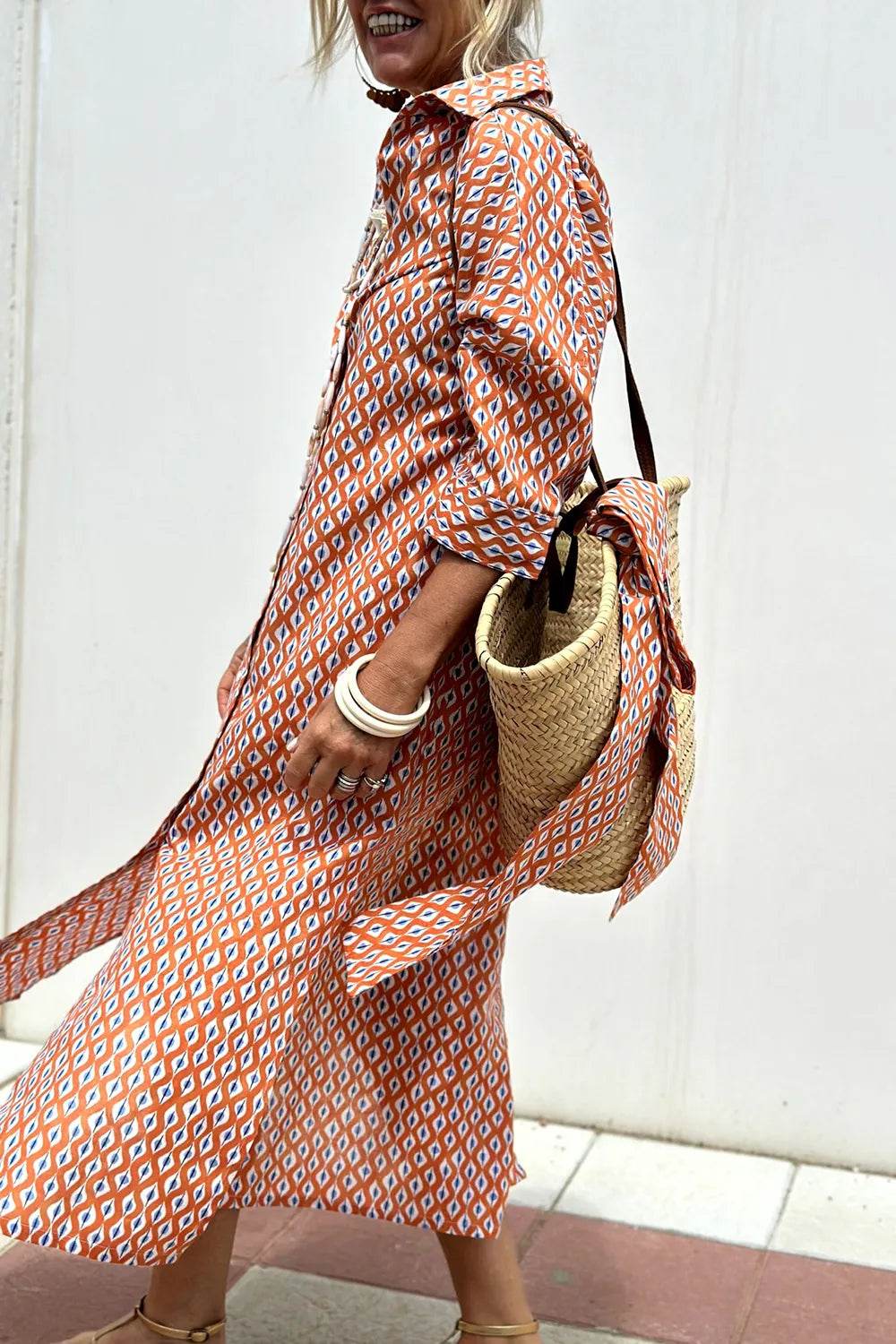 Tied Button Up Three-Quarter Sleeve Dress Trendsi 3f991870-377a-4e26-a166-519fb5492e16-Max